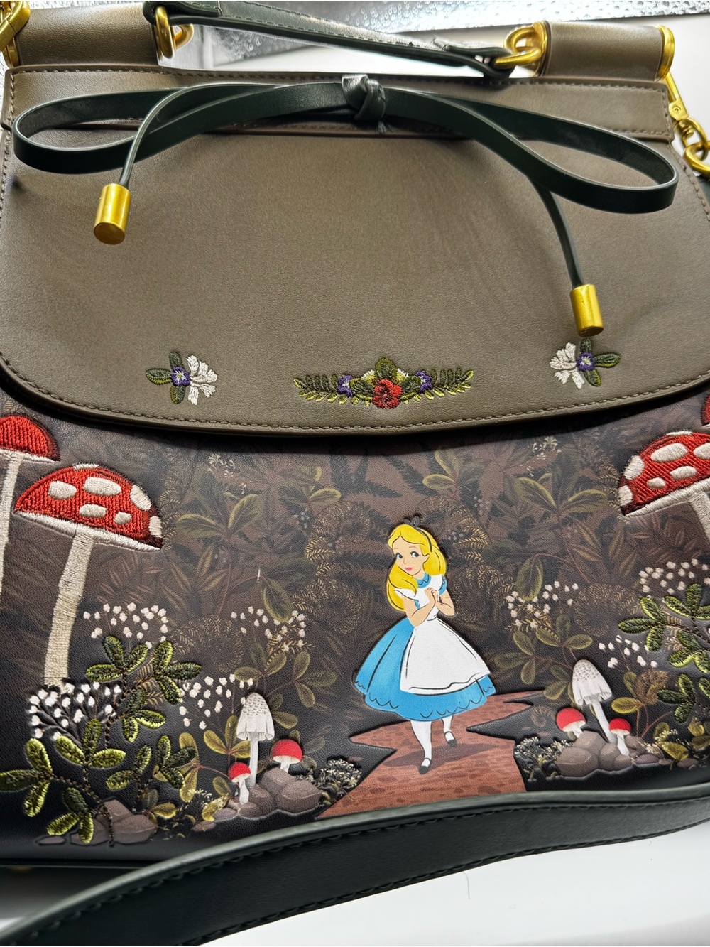 Olive Green Alice in Wonderland Embroidered Crossbody Bag